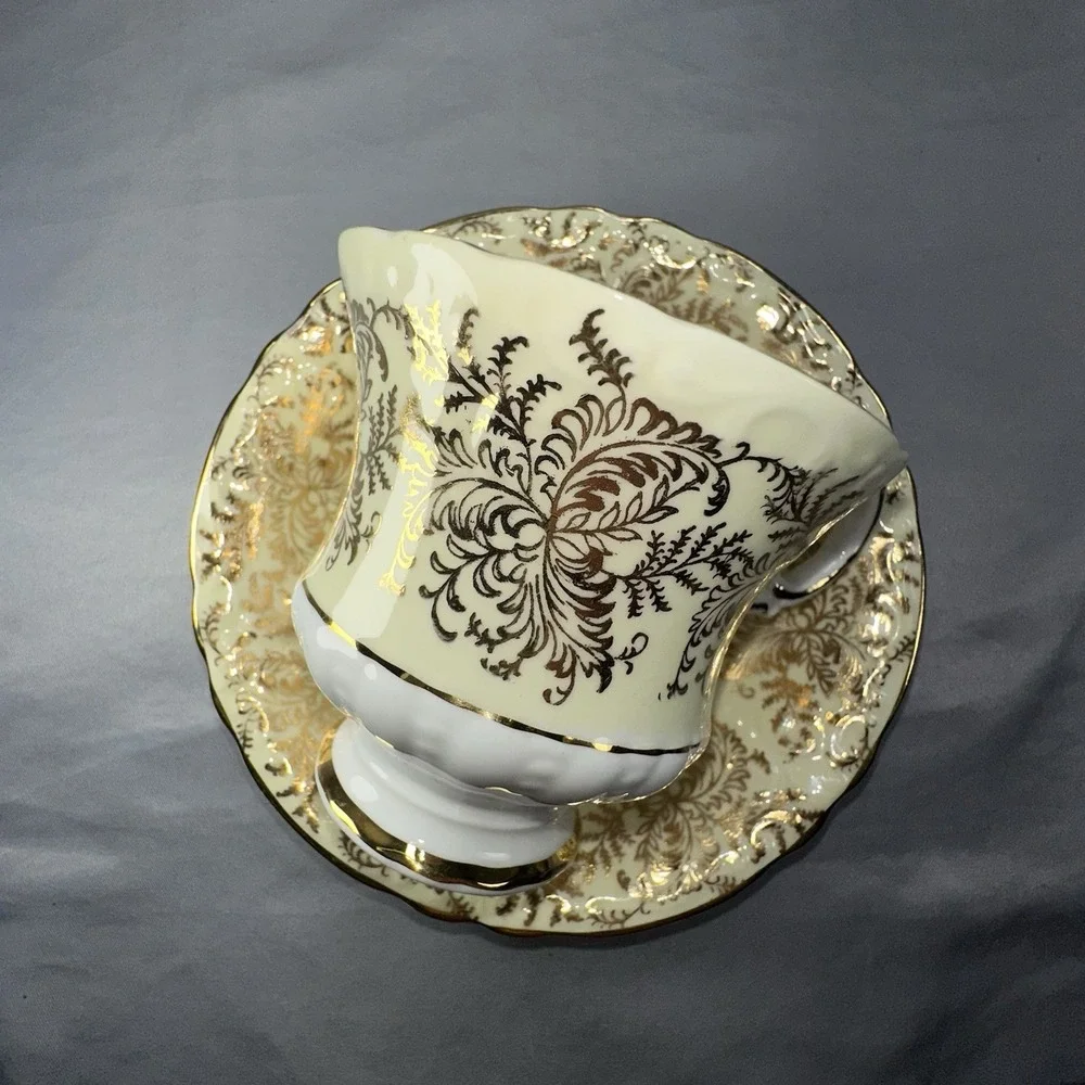 Paragon Tea Cup Saucer Floating Cabbage Rose Citron Yellow Gold Filigree A2645